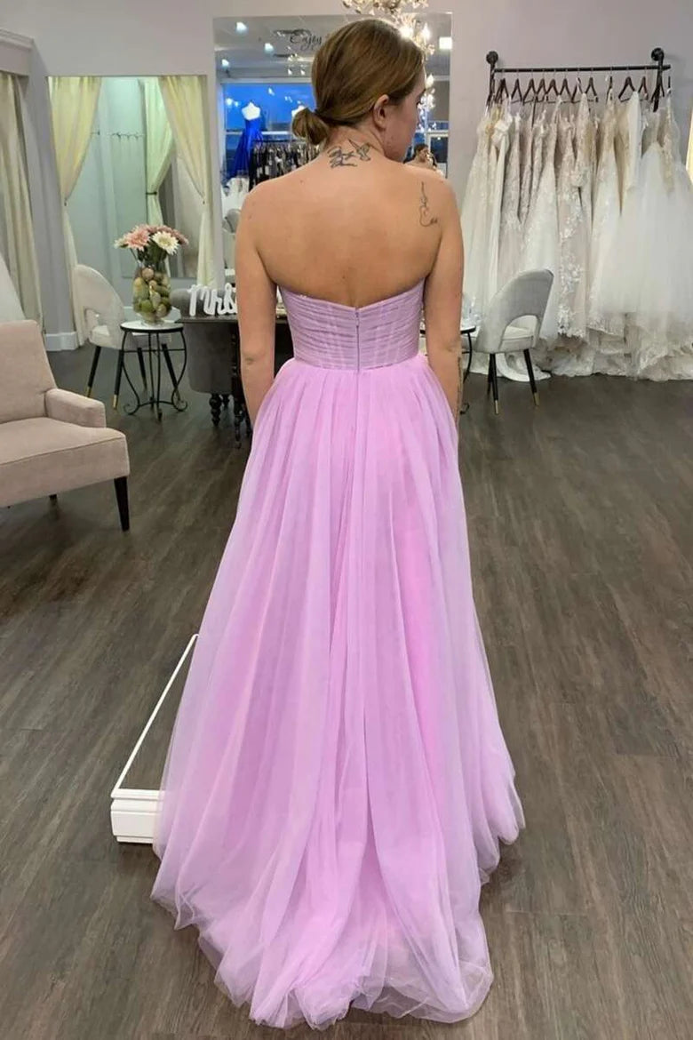 Vestido de fiesta fruncido sin tirantes y corte A